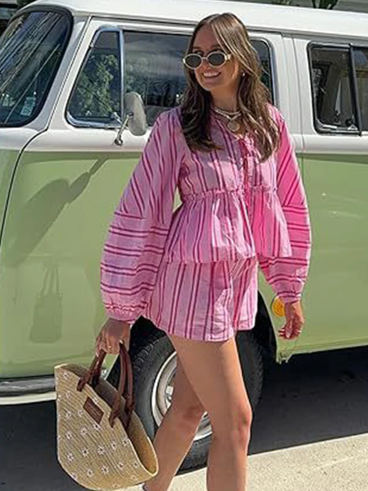 

Women Casual Cardigans Set Long Sleeves Lace-up Design Loose Stripe Printing Short Pant Suit Summer Commuting Street Leisuresuit