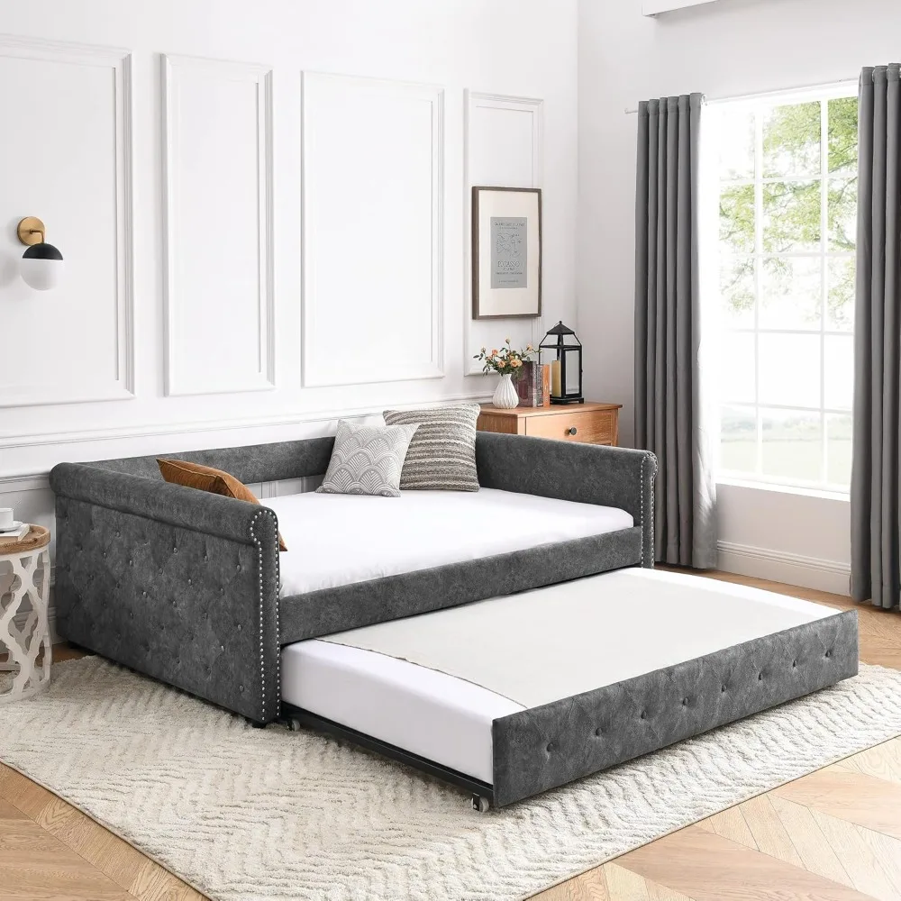 

Upholstered Daybed with Trundle, Modern Velvet Full Size Button Tufted Daybed Frame Sofa Bed, No Box Spring Needed, Space Saving