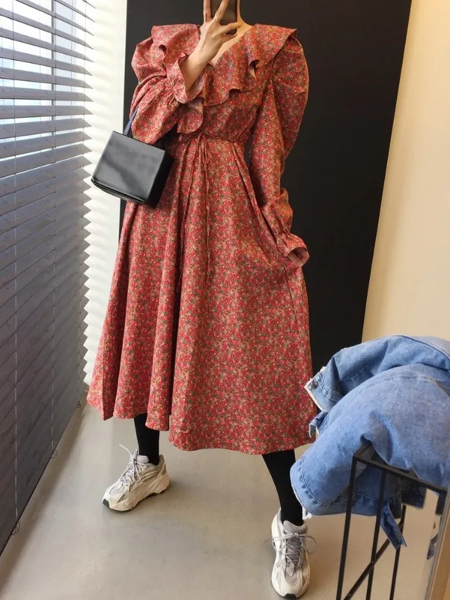 Chique verão vintage decote em v psado emenda cintura-cinching emaecimento manga sino vestido de imprão floral elegan...