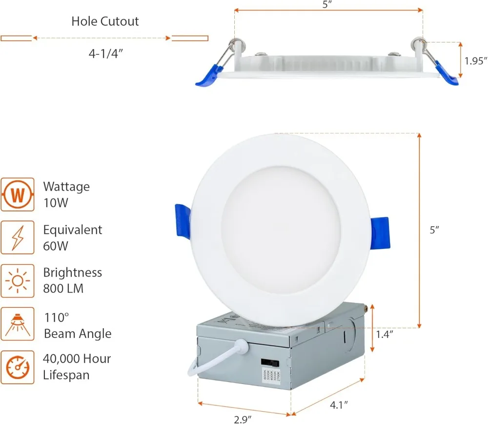 [24-Pack] 4-Inch 2700K-6000K 5CCT 9W LED Color Selectable, Heavy Duty Ultra-Thin Recessed Ceiling Downlight with J-Box, Dimmable