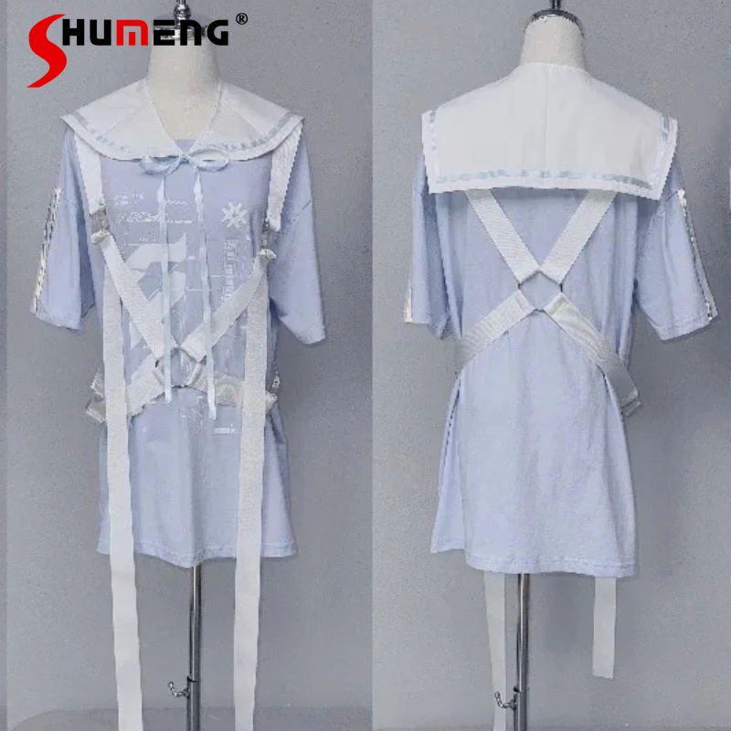 

Japanese Mine Series Mechanical Circuit 3 Colors Top Tshirts Sailor Collar Fake Collar Pure Cotton Tie Short Sleeved Top T-shirt