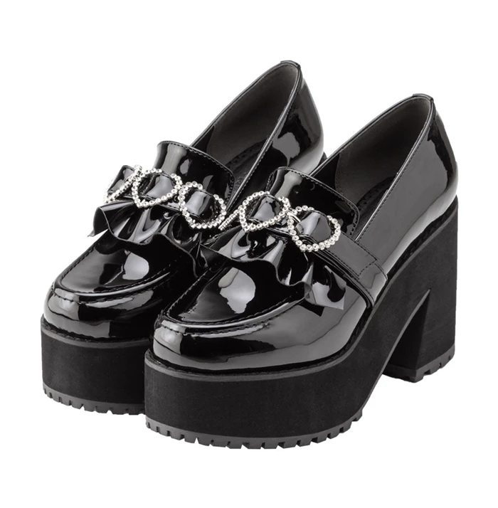 Fashion Women's Shoes Waterproof Platform Lady Pumps Japanese Style High Heels Platform Lolita Pearl Heart Buckle Leather Shoes