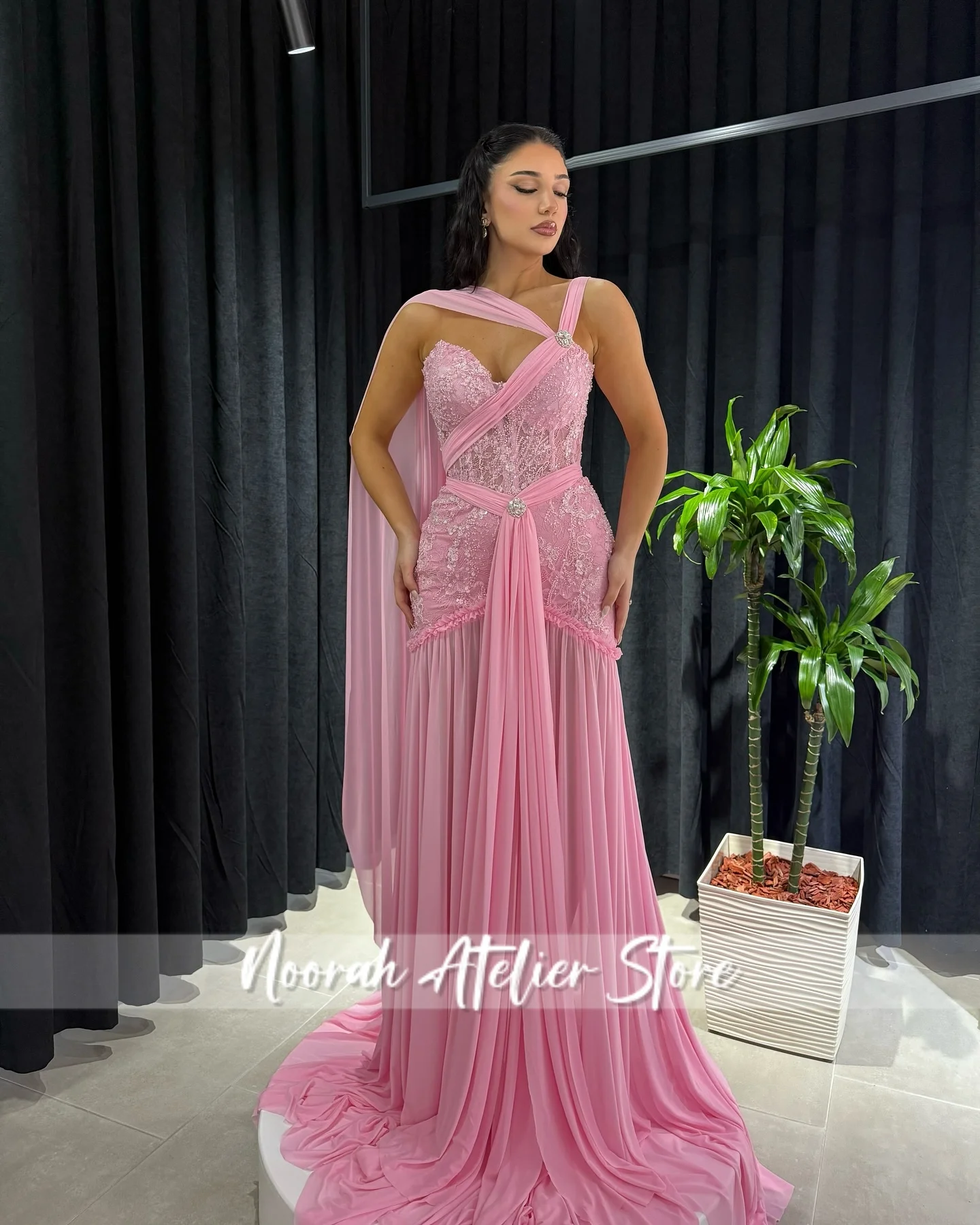 

Eleagnt Pink Beading Pleats Elegant Evening Dresses Sweetheart Scarf Wedding Guest Dress Crepe Woman Party Gown Customized