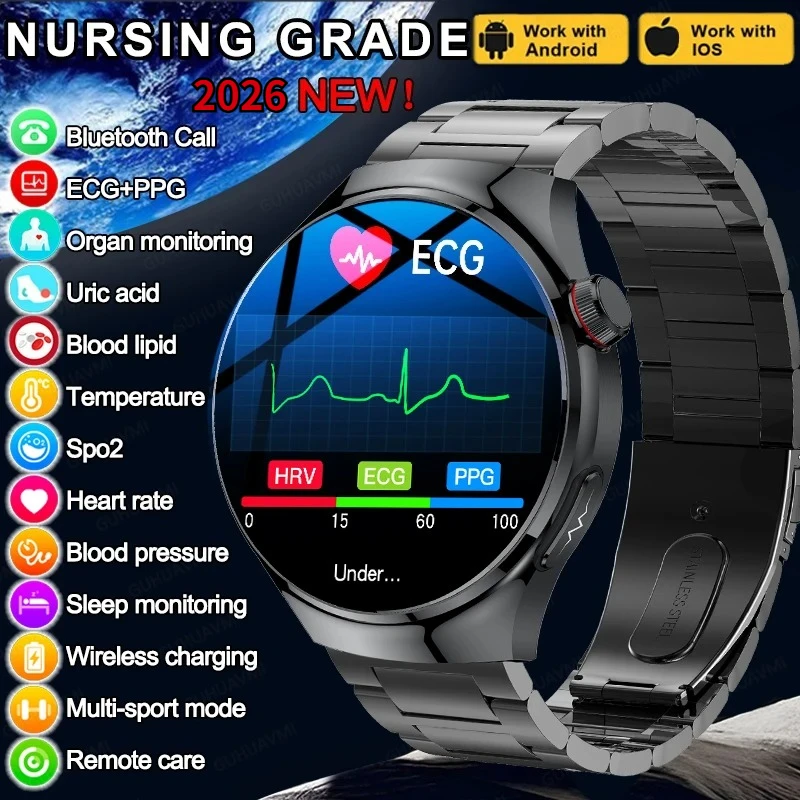 

2026 Nursing Grade Smart Watch Blood Oxygen Blood Lipid Uric Acid ECG+PPG Body Temperature SOS Emergency Call Health Smartwatch