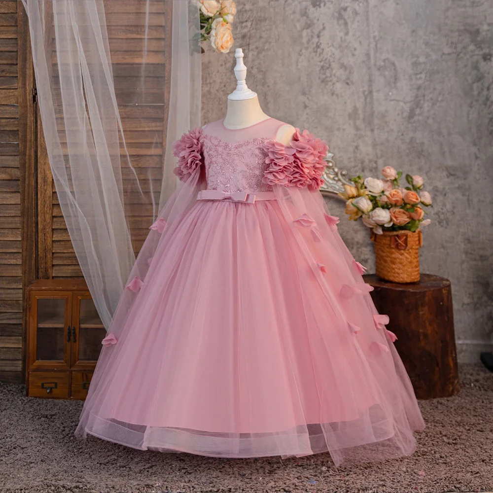 Flower Girl Dress Long Mesh Kids Ball Gown for Wedding Birthday First Communion Christmas Children's bridesmaid Prom