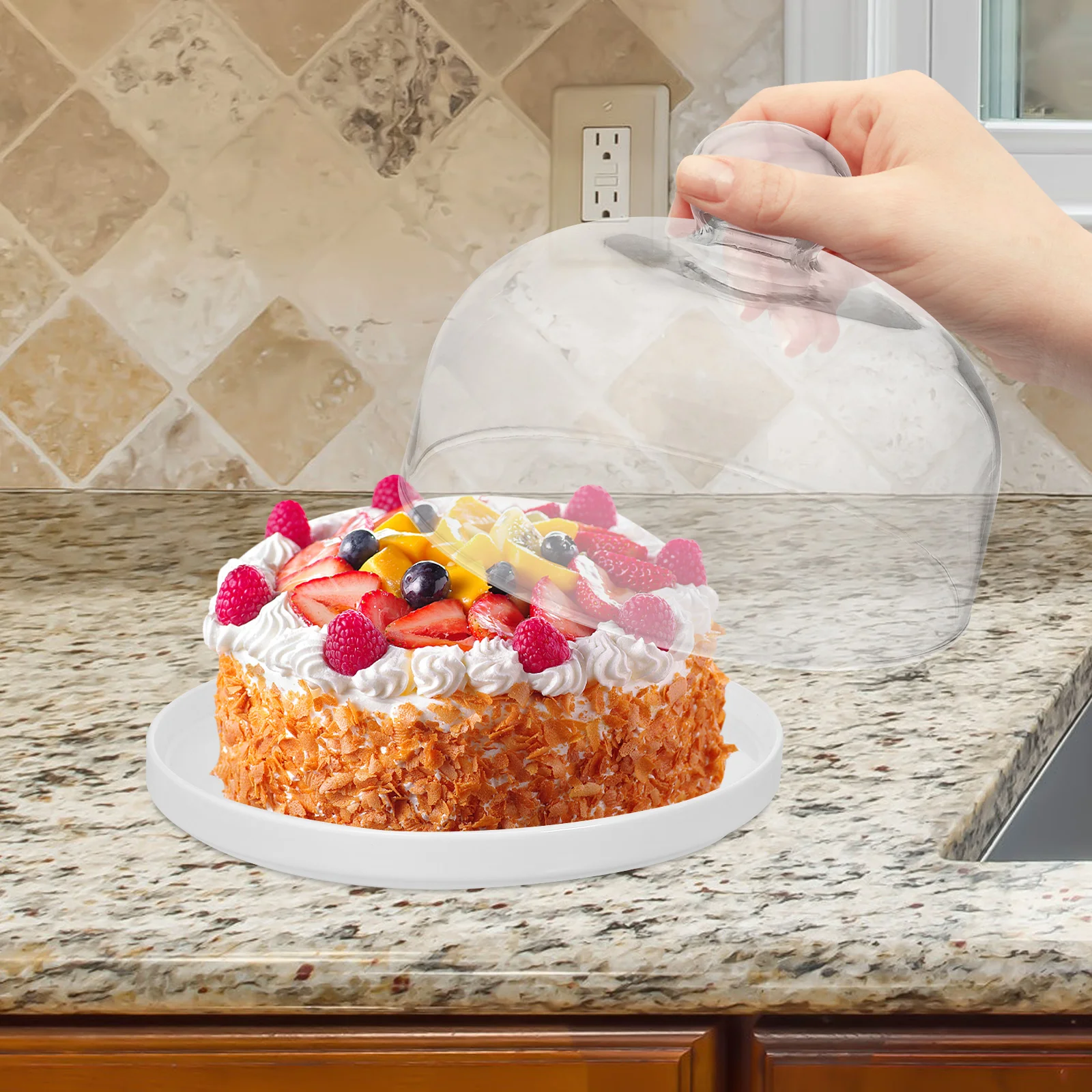 

Cake Tray with Glass Lid Ceramic Serving Platter for Birthday Pool Party Family Gathering Dessert Fruit Display Kitchen Decor