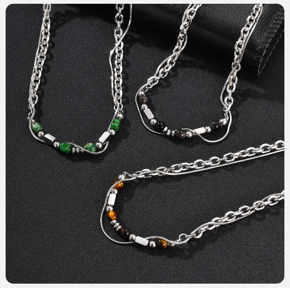 Vnox Figaro Doppelschichtige Kettenhalskette für Männer, Edelstahl Türkis Tigerauge Onyx Perlen Verstellbarer Hip-Hop Schmuck Geschenk – Detail 6