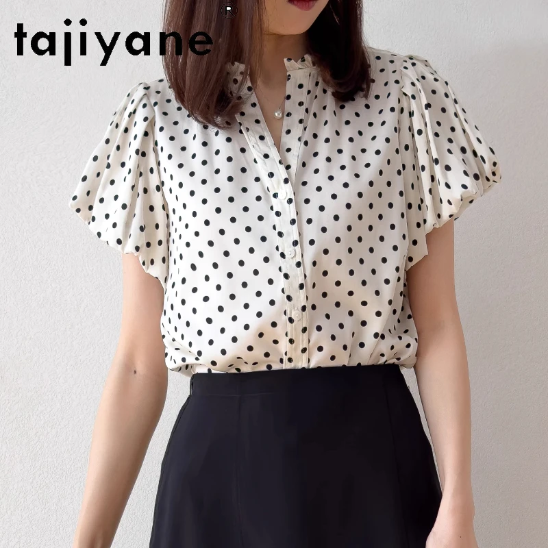 

TAJIYANE 93% Натуральная шелковая блузка из тутового шелкопряда в горошек с V-образным вырезом, женская рубашка с коротким рукавом, летний топ для женщин, одежда 2026