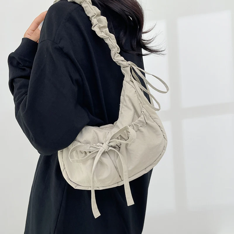 Summer Candy Color Nylon Pleated Shoulder Bag 2024 Y2K Fashion Large Capacity Crossbody Bag Light Weight Casual Handbag Female