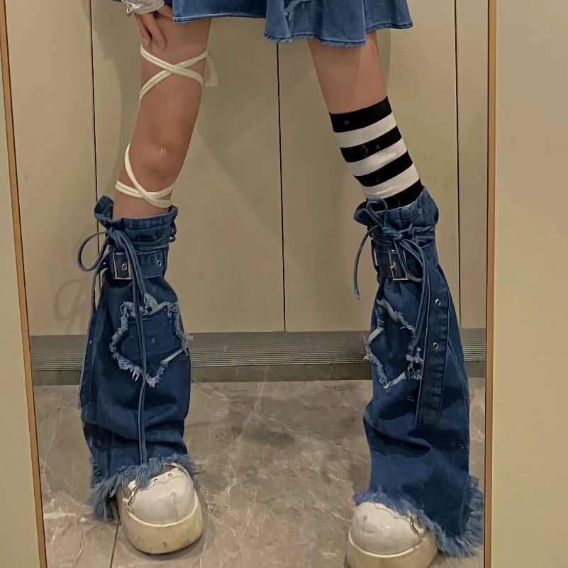 

Y2K Spicy Girl Style Denim Leg Warmers with Drawstring and Stacked Socks in Star Design for Slimming Bell-Bottomed Socks