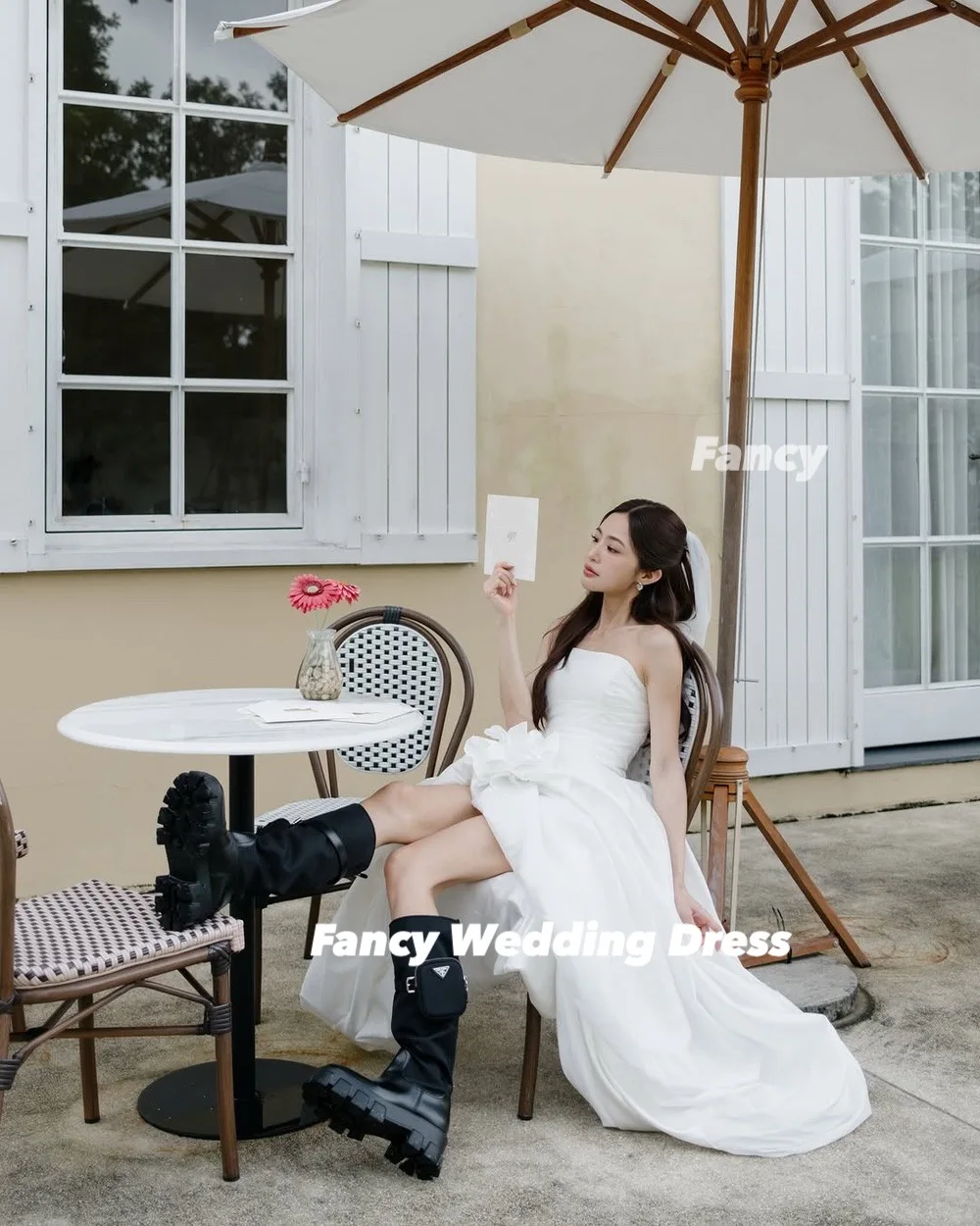Fancy Korea Simple Taffeta Wedding Dress Korea Garden Photoshoot A Line Strapless Bridal Gown Back Corset Customized