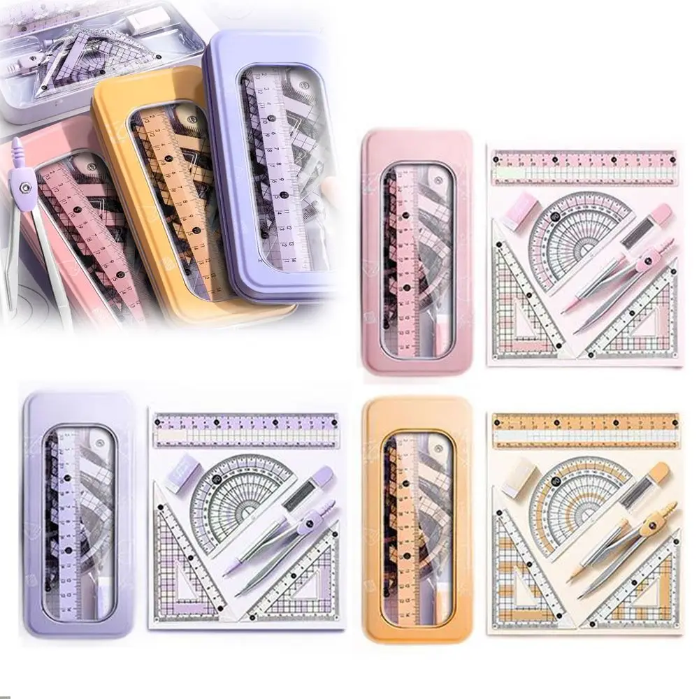 8PCS Multifunctional Compass and Ruler Sets Triangle Ruler Straight Ruler Measuring Ruler Suit Protractor Stationery Ruler Set
