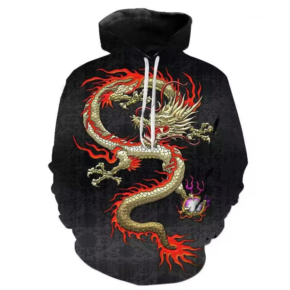 Vintage Dragon Graphic 3D Printed Men\'s Hoodie Harajuku Long Sleeves Oversized Outdoor Pullover Sweatshirt Kids Unisex Clothing