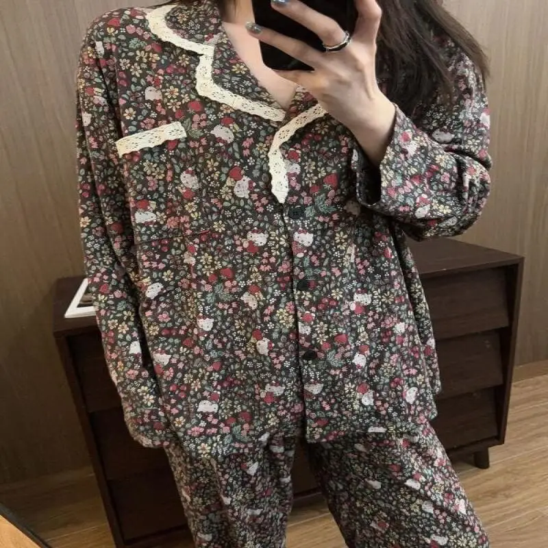 

Sanrio Pajamas Hello Kitty Pajamas Sweet Style Print Female Spring Autumn Long Sleeves Trousers Leisure Loose Home Clothing Hot