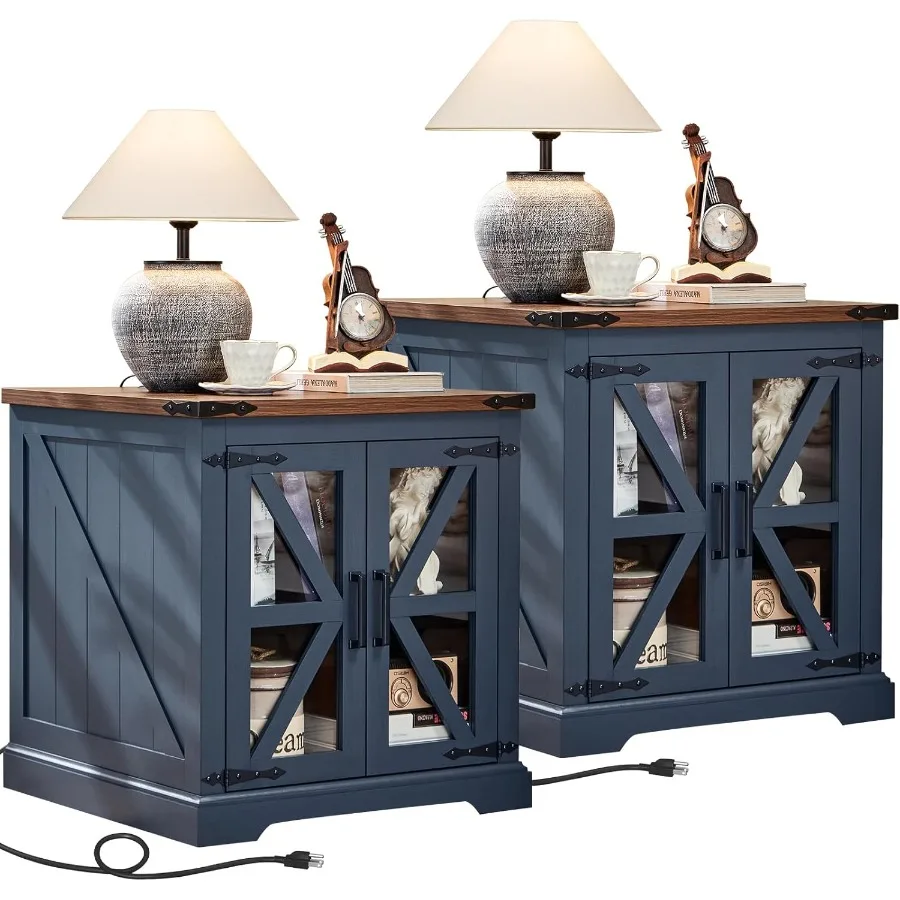 

Набор из 2 торцевых столиков для фермерского дома с зарядной станцией 24 Большой приставной столик для дивана со стеклянной дверью для сарая Прикроватная тумбочка с регулируемым ш