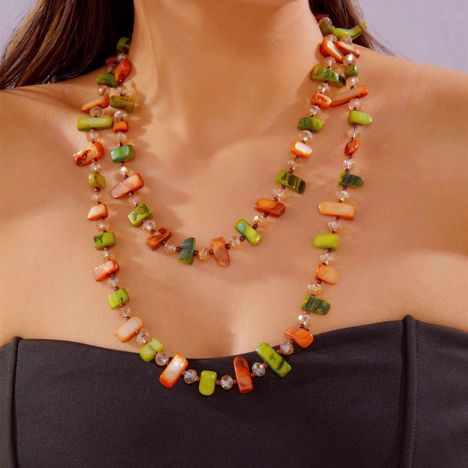 Böhmische bunte unregelmäßige Muschel-Perlenketten für Damen und Herren, handgefertigte Kristallperlen, doppellagige lange Pulloverkette, Schmuck – Detail 2