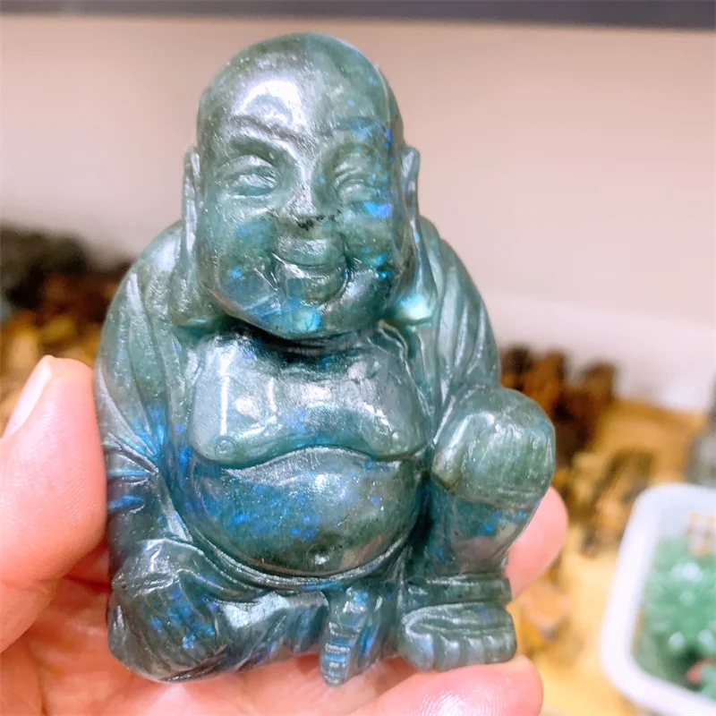 Natural Labradorite Carving Of Maitreya Buddha Handmade Carved Figurine Home Decor Ornament Fashion Jewelry Gift Reiki Healing