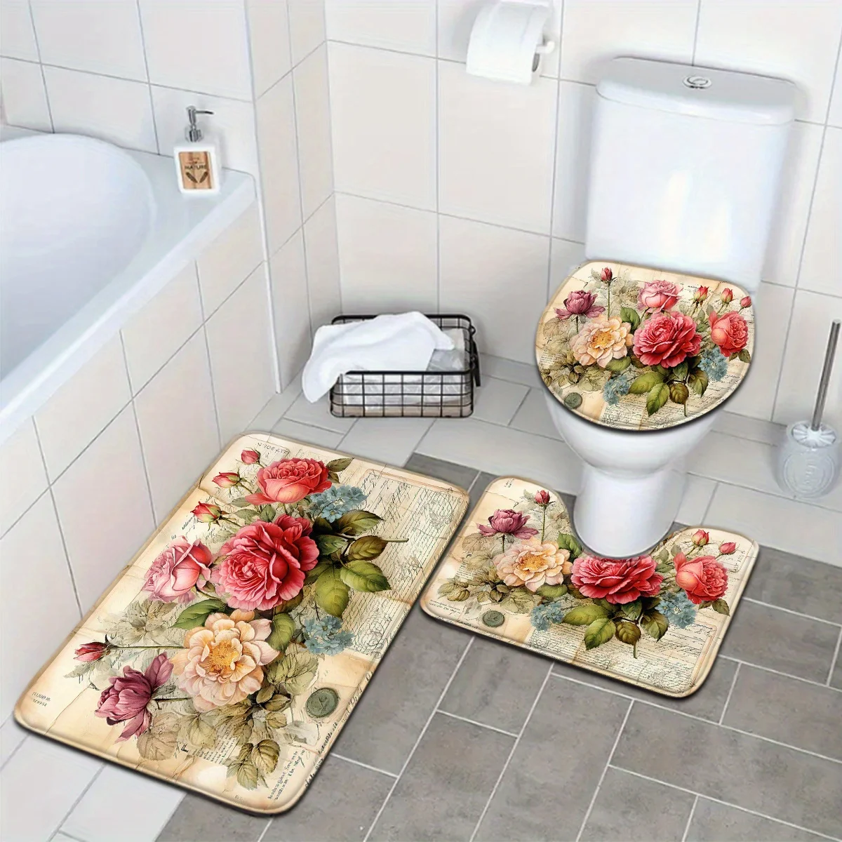 3-piece Botanical Collection bath mat set with newspaper rose pattern, toilet seat cover and U-shaped foot mat. Machine washable