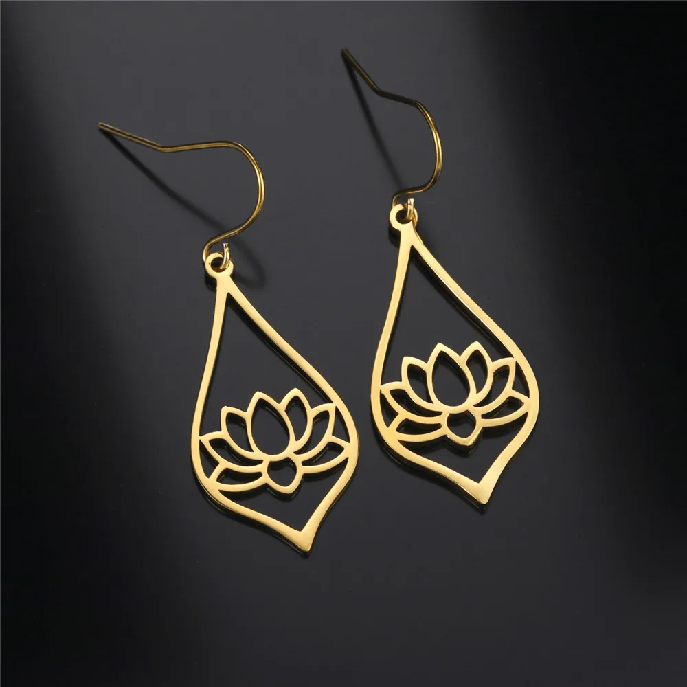 Skyrim Lotus Dangle Earrings 2025 Stainless Steel Bohemian Water Drop Flower Pendant Drop Earring Amulet Jewelry Gift for Women