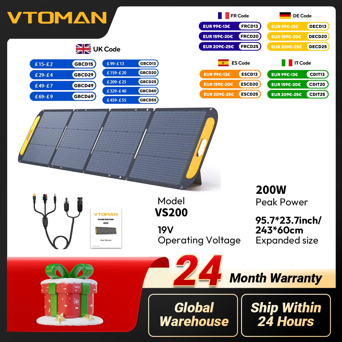 

VTOMAN VS200 Portable Solar Panel 200W 19V Outdoor Rechargeable Solar Generator, High Efficience Complete for Home Camping