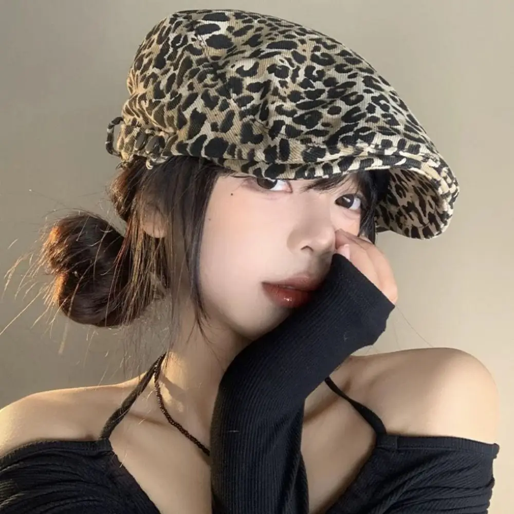 

Casual Retro Leopard Print Cap Adjustable Comfortable Leopard Beret Baker Peaked Newsboy Hat Women Men