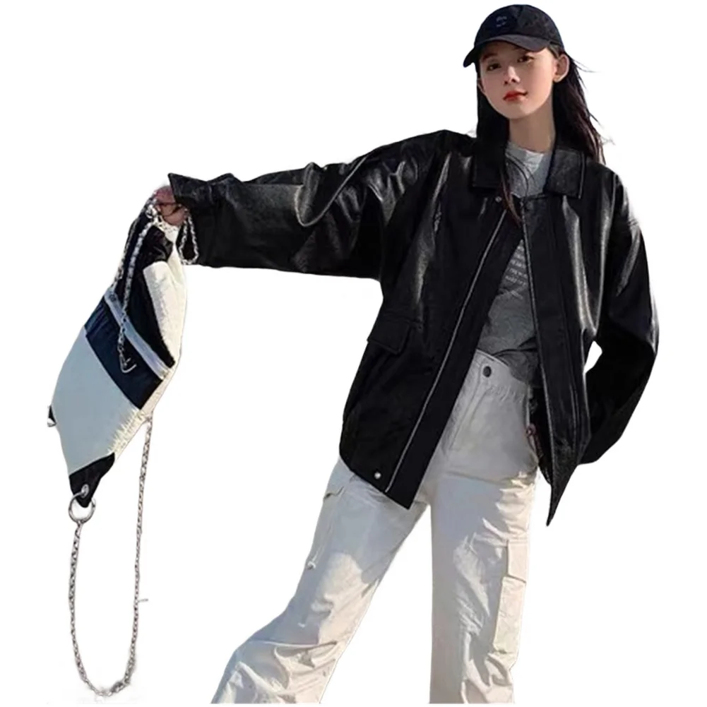 

Ideal For Autumn Perfect For Spring 2XL 3XL Women Leather-Like Jackets Spring Autumn Coat 50 Polyester 50 Spandex