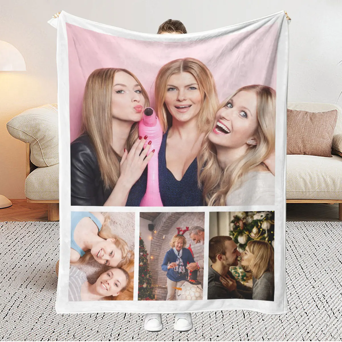 1Pc Customized Four-Grid Personalized Blanket to Witness Love and Gift to Your Loved One - High-Definition Photo Printed on Flannel Blanket, Soft and Warm, Suitable for Sofa, Bed, Office, Car, and Outdoor Travel - Perfect for All Seasons, Halloween, Thanksgiving, Birthdays, Weddings, Couples, Valentine's Day, Graduation, Parties, and Holidays, Ideal as a Gift for Men and Women
