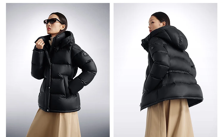 BOSIDENG Women Hooded Short Goose Down Coat 90% Goose Down 700+ Loft Shiny Fabric Adjustable Waist Puff Winter Outerwear