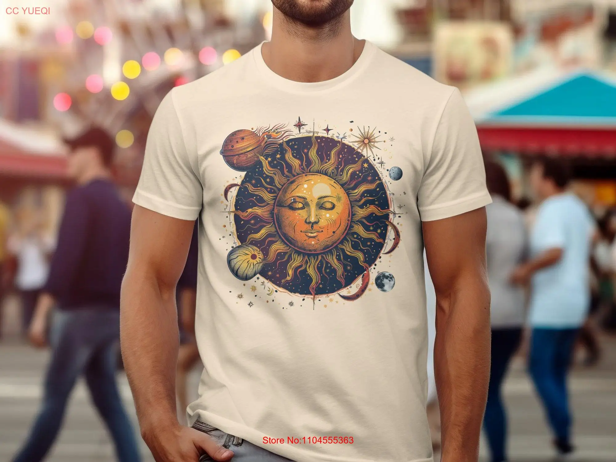 Celestial Sun and Moon T Shirt Vintage Astrology Unique Space Design Top long or short sleeves