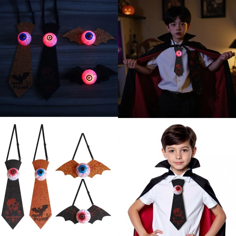 

1 Pcs Halloween Light Up Eyeball Tie Kids Adult Masquerade Dress Up Gold Dust Bat Bow Tie Props