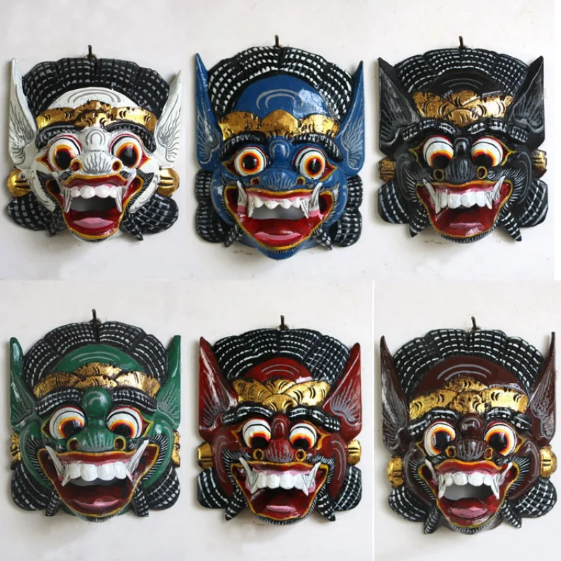 

Thailand Crafts Tattoo Shop Background Wall Pendant Southeast Asia Creative Carving Painted Mask Facial Makeup Wall Hanging