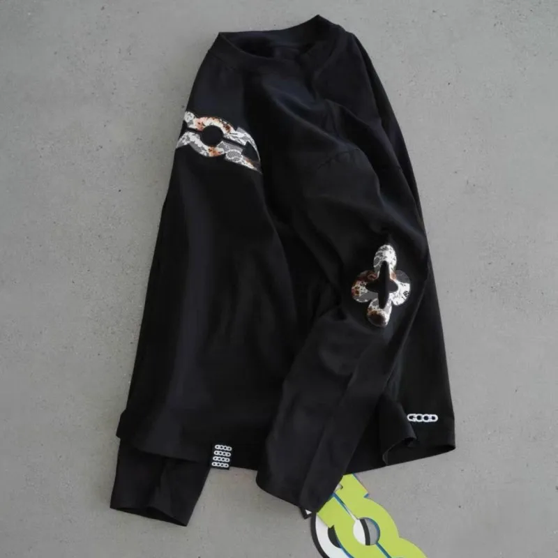 Fire Lace Logo Small Flower Patch GOODBRAND Long Sleeve Tshirts Men Women Cotton Black Round Neck Pullover Loose Streetwear
