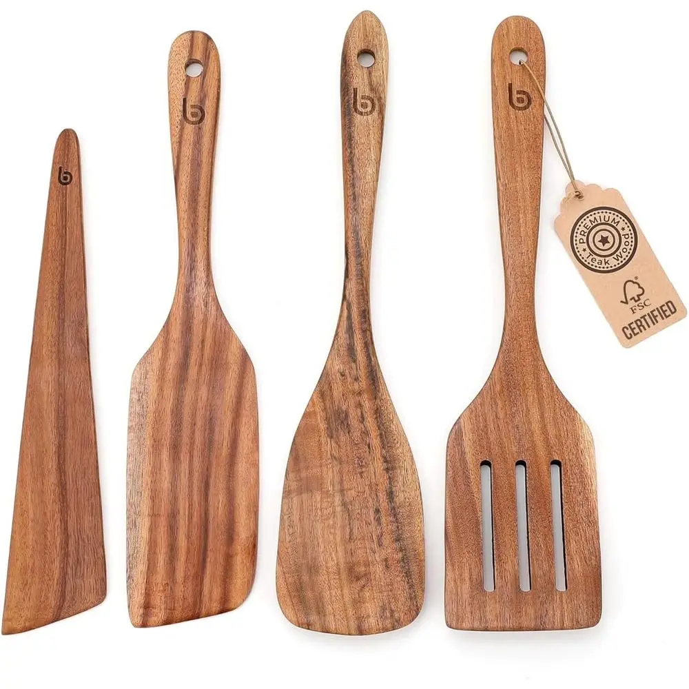 

4-Piece Teak Wood Utensil Set – Premium Natural Wooden Cooking Tools for Stirring & Serving