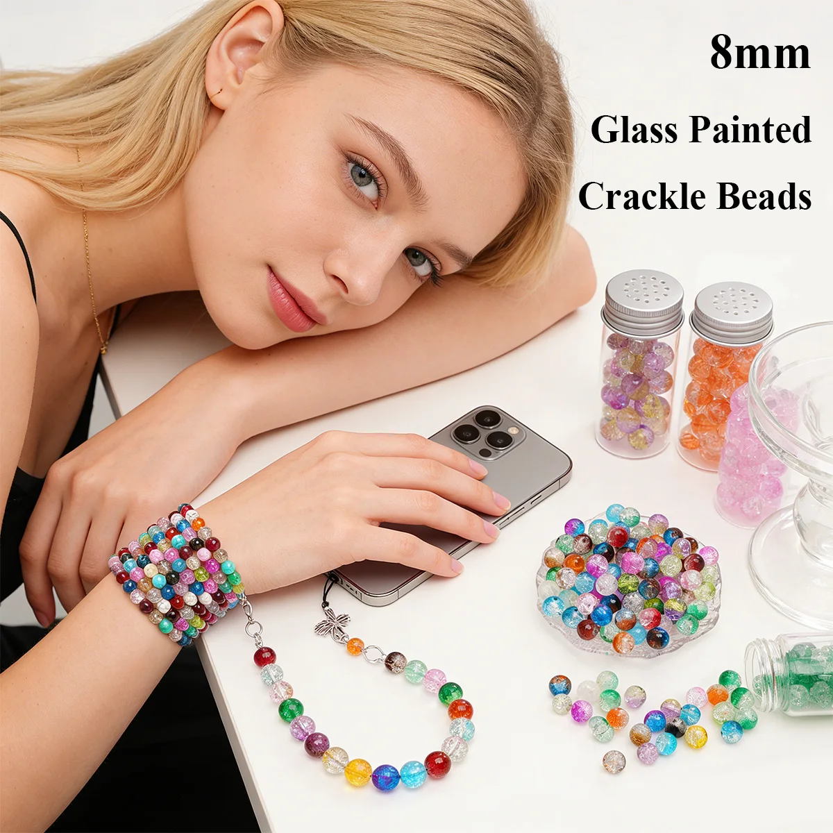 

8mm Glass Painted Crackle Beads for DIY Jewelry(Bracelets Necklaces, etc.) Making Craft Supplies, Approx. 1.5mm Hole, 50pcs/pack