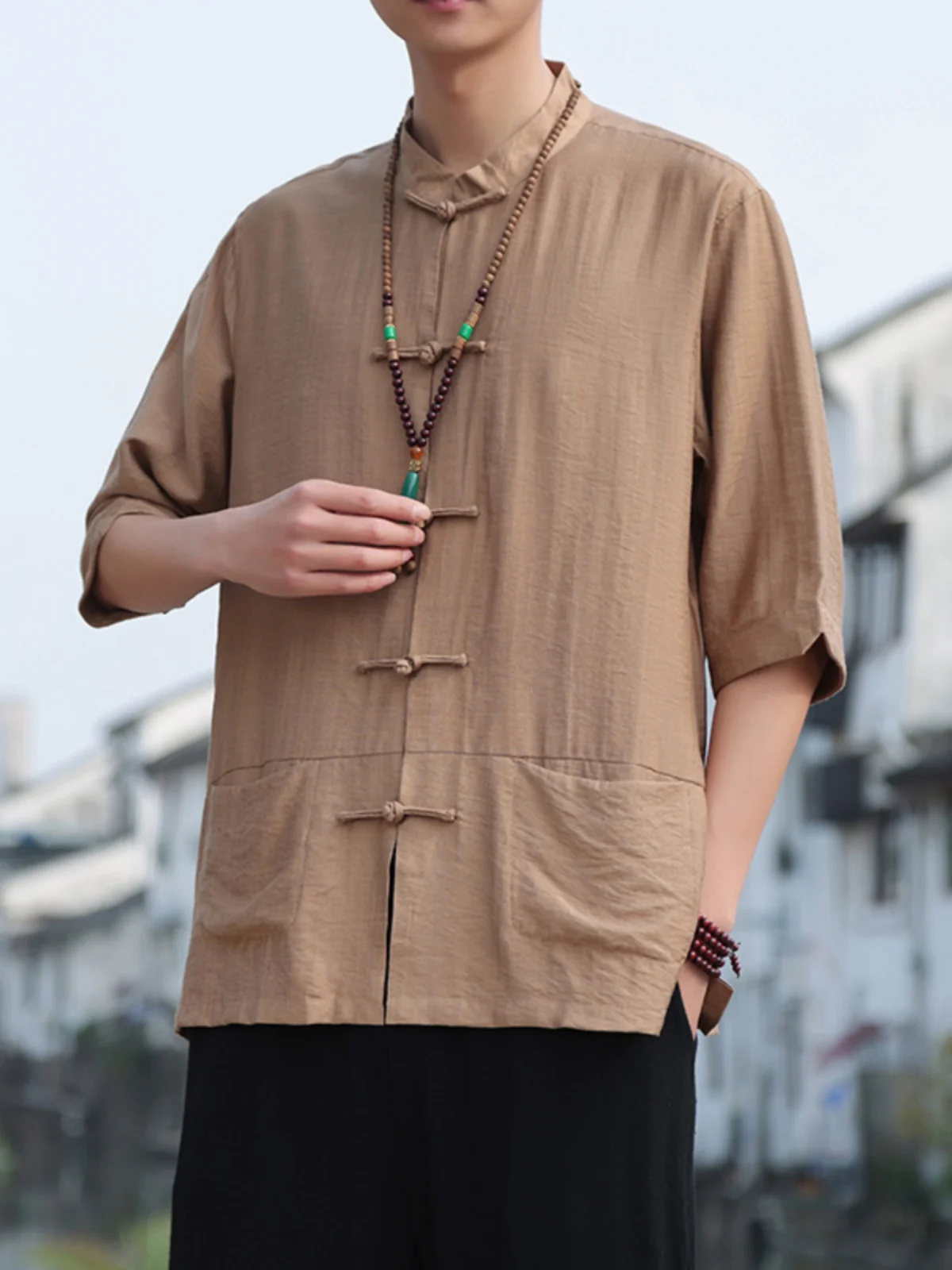 

Мужская летняя тонкая рубашка из ледяного шелка с коротким рукавом, в стиле танчжуан, новый китайский стиль, молодежная модная свободная рубашка