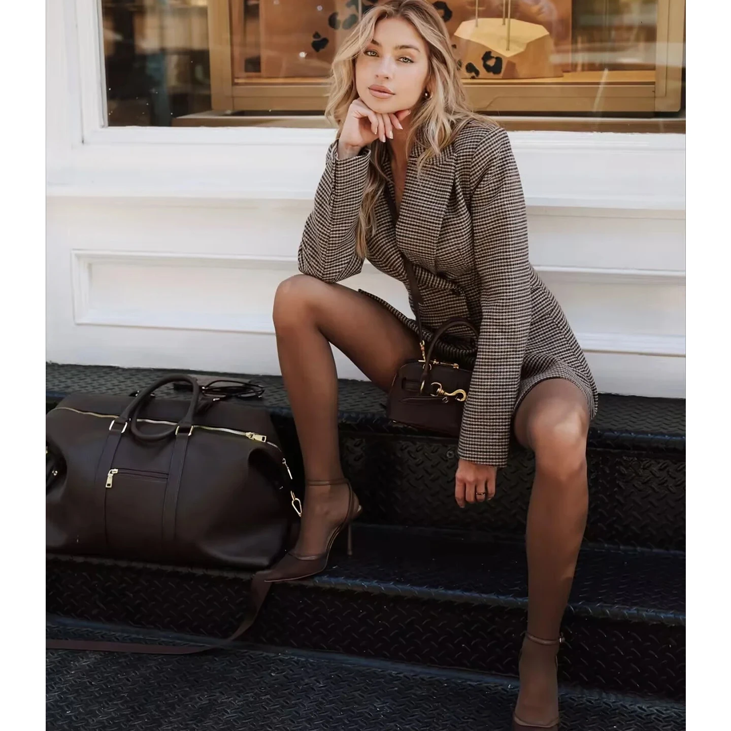 レトロな女性用冬用コート、ロング丈、折り返し襟、柄入り、ミドル丈スーツ、通勤に便利