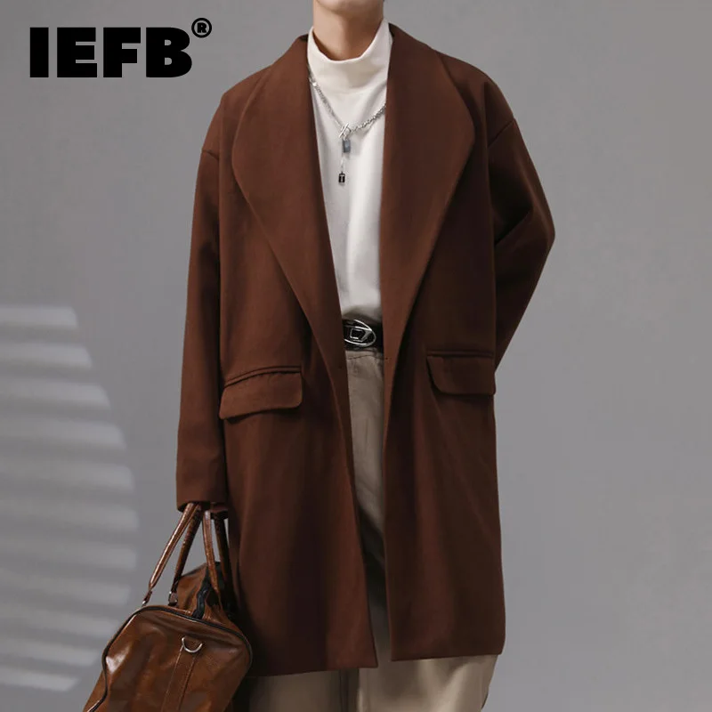 

IEFB Men's Woolen Long Coat Autumn Fashion Male Clothing Solid Color Medium Single Button Length Wool Windbreker Trend 9C2586