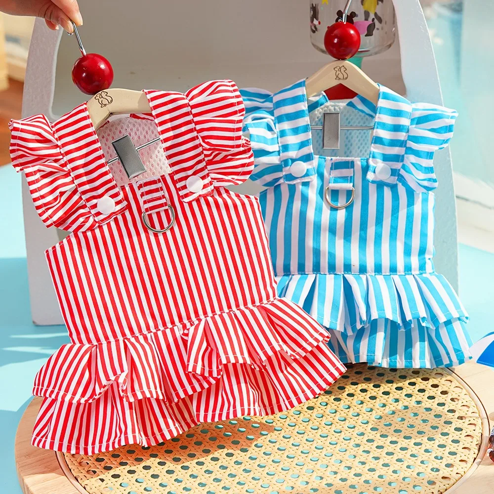 Princess-style Dog Clothes Summer Puppy Dresses Teddy  Stripe Pinafore Skirt Checked Pet Pullovers Dog Stuff