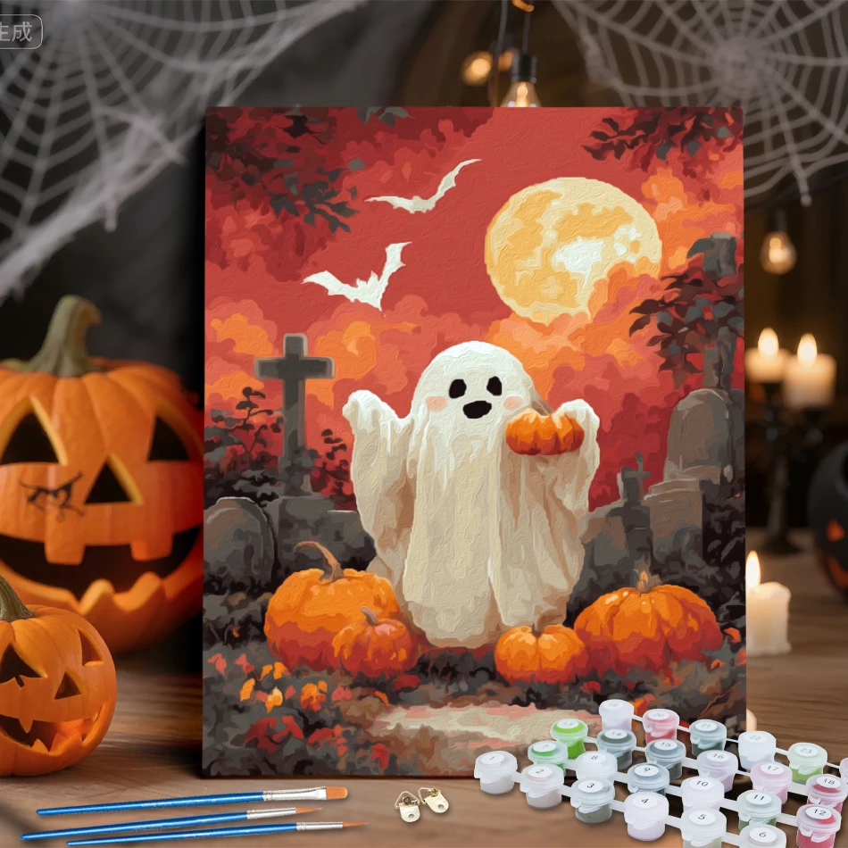 

RUOPOTY Paint By Number Halloween Cute Ghost Pumpkin Paint Kit Acrylic Paints Original Gifts Canvas Picture Diy Crafts Drawing