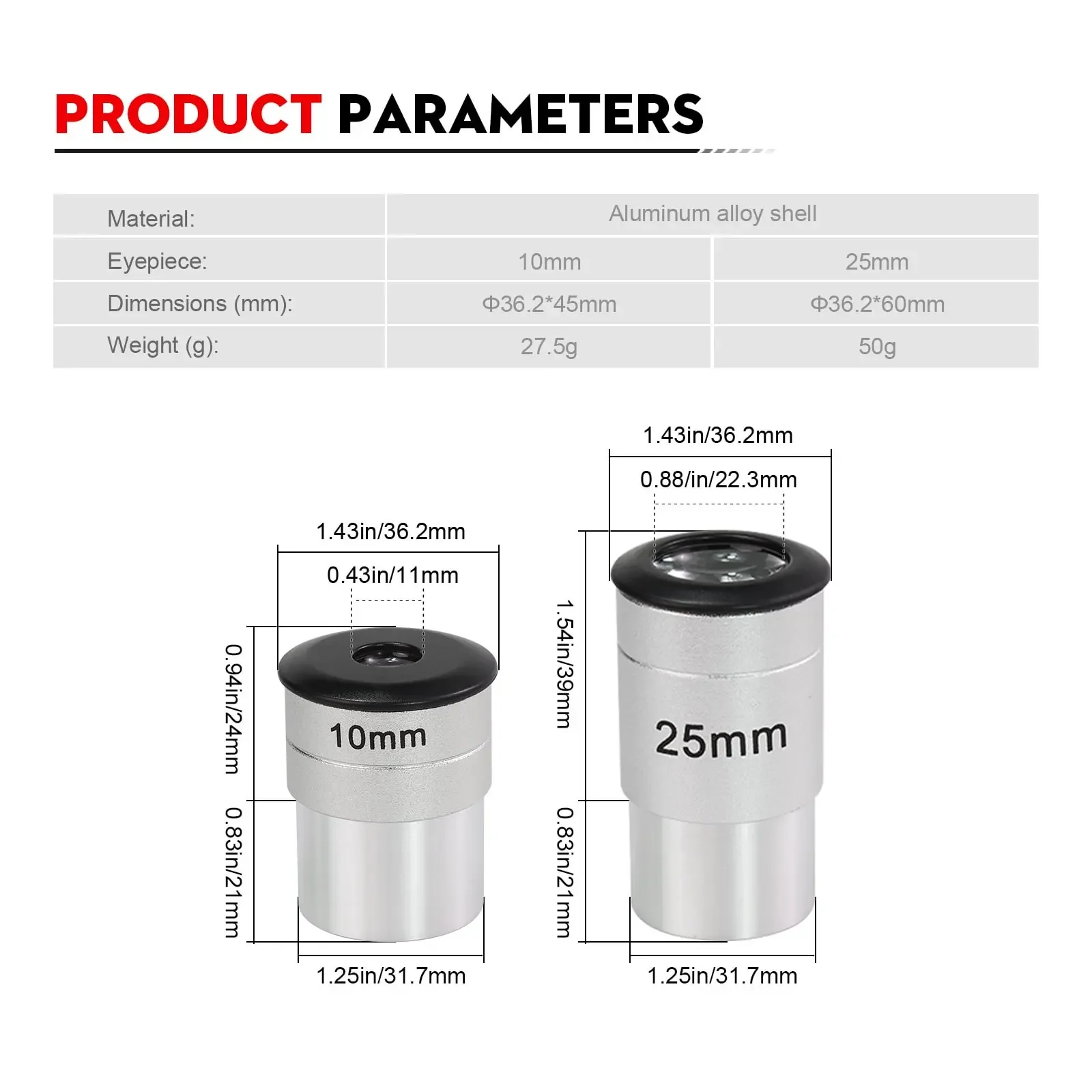 Datyson 1.25 Inch Telescope Eyepiece Set 10mm 25mm FMC Fully Multi Coated Metal HD Astronomical Telescope Optical Accessories