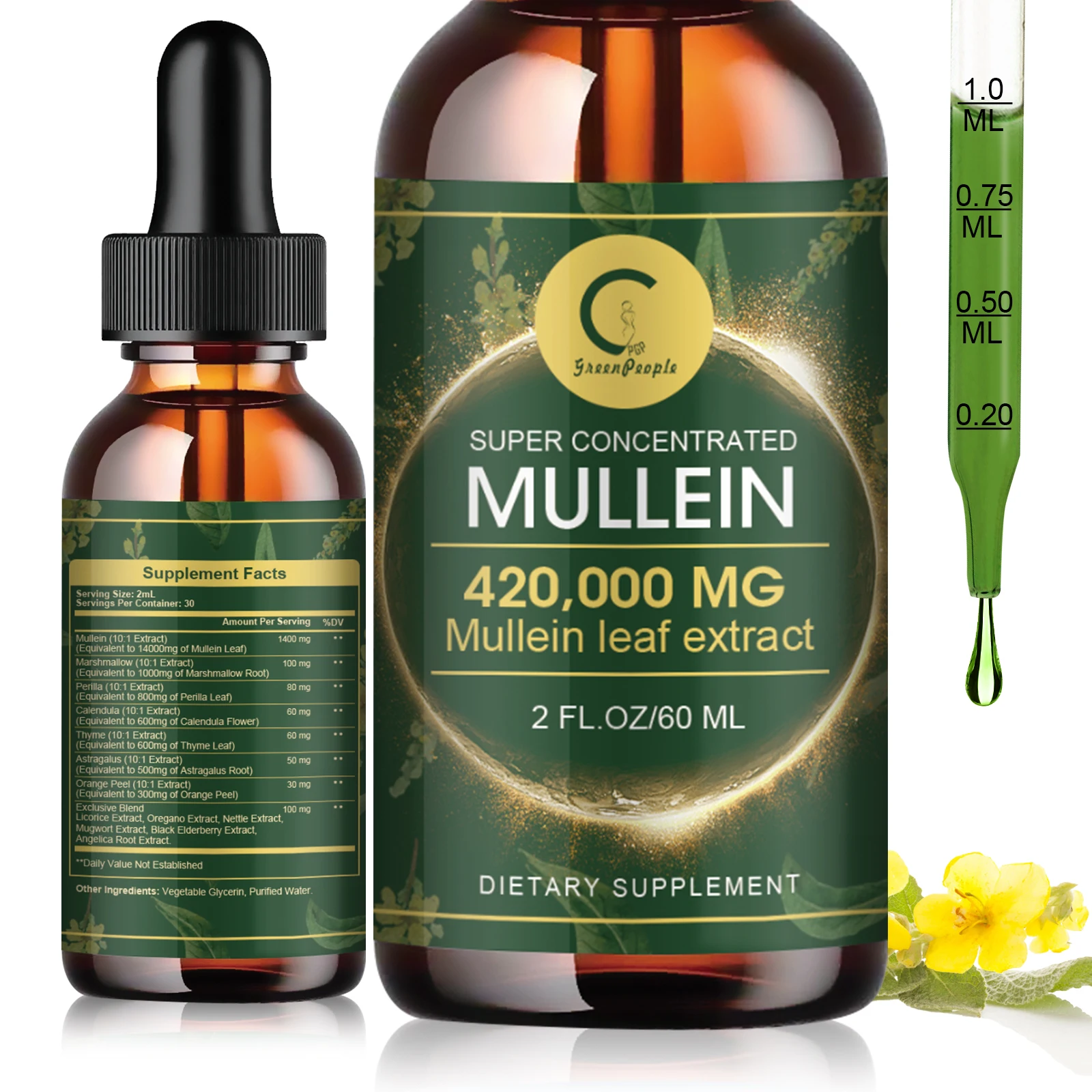 

GPGP Greenpeople 60ML Mullein Drops for Lungs Health ,Lung Detox & Cleanse, Support for Respiratory, Immune, Digestive System