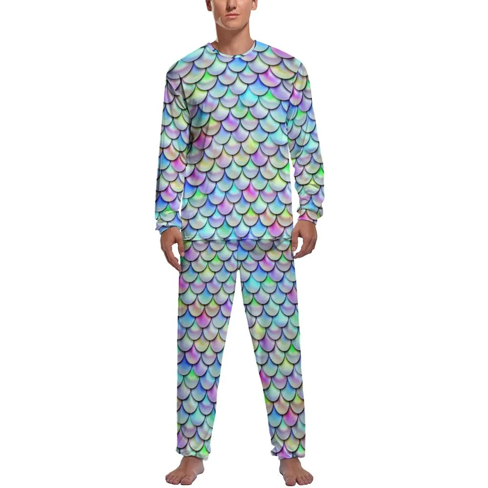 Colorful Mermaid Scales Pajamas Mens Rainbow Bubble Print Cool Sleepwear Autumn Long Sleeves Two Piece Night Printed Pajama Sets