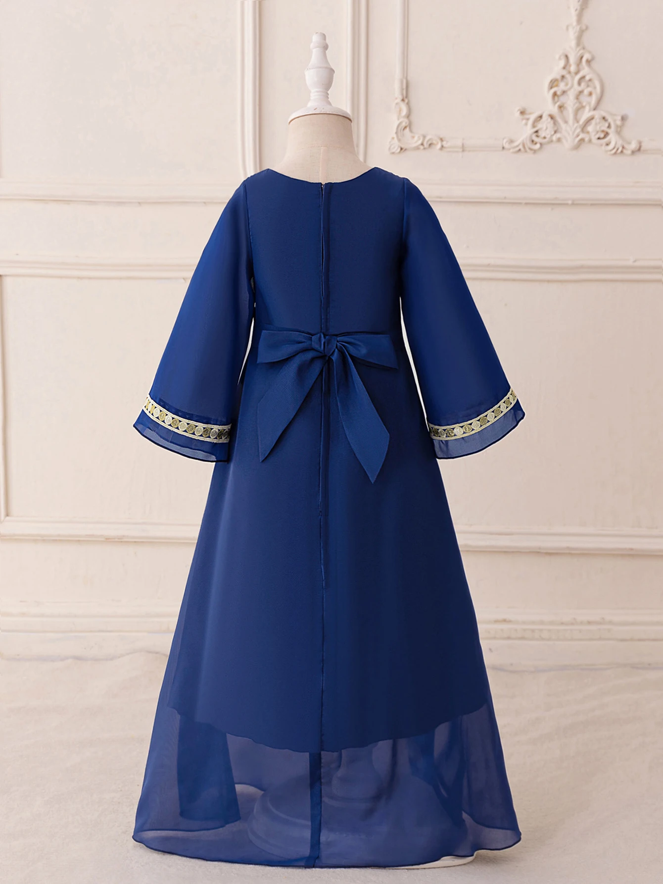 Muslim Girls Patchwork Embroidery Ball Gown Dark Blue Ramadan Robes Festival Performances Parties Banquets Host Evening Dresses