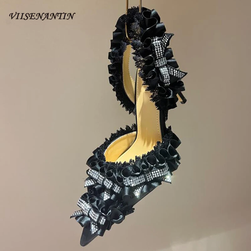 

Elegant Lady Pointed Toe Thin High Heel Sandals Appliqued Ruffle Crystal Flowers Bridal Wedding Shoes Slingback Silk Women Pumps