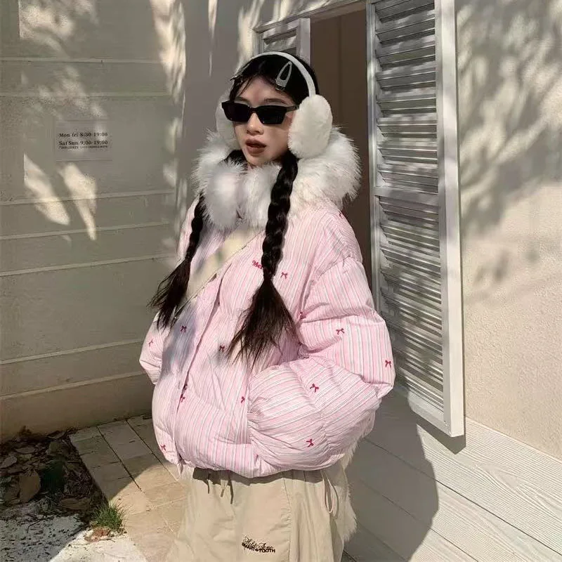 Winter Warm Parkas Female Y2K Korean Kawaii Furry Hooded Coats Y2K Loose Preppy Puffer Jacket Thick Zipper Fluffy Down Coats