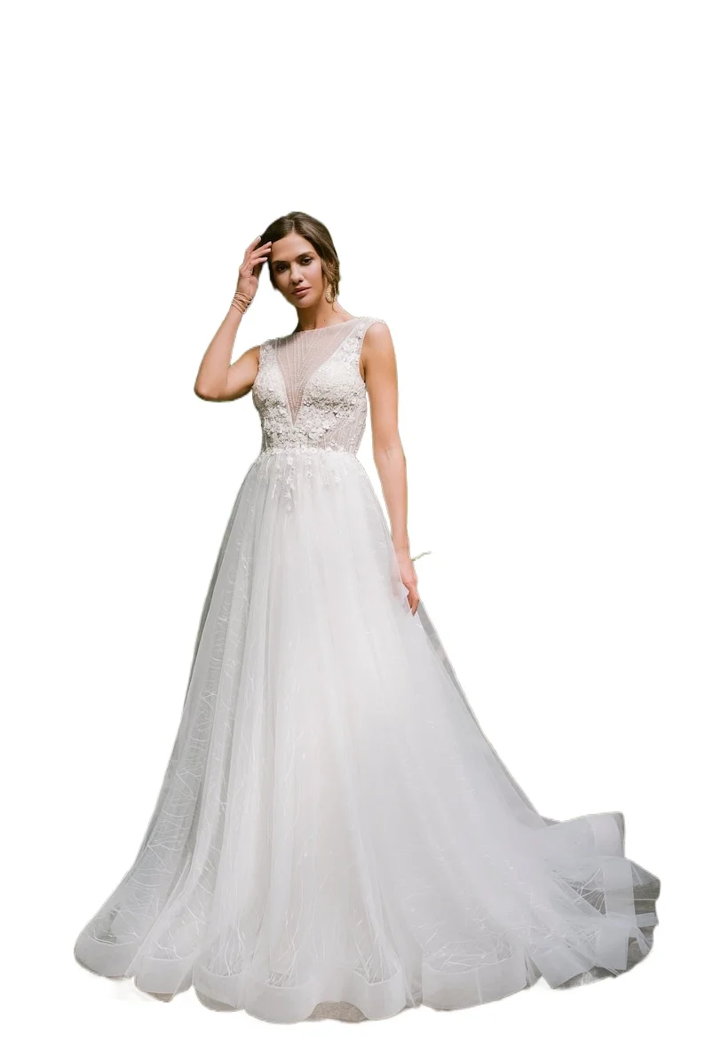 Custom made Embroidered Wedding Dress, Floral Lace Wedding Gown Backless A Line Tulle Bridal Gown with Train Custom Bridal Gowns