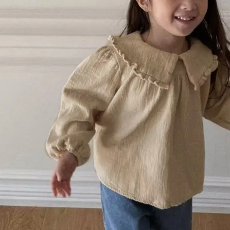 Blouses Autumn Winter New Sweet Lovely Flip Collar Lotus Leaf Doll Shirt Girl Double Gauze Solid Color Tops Baby 2024