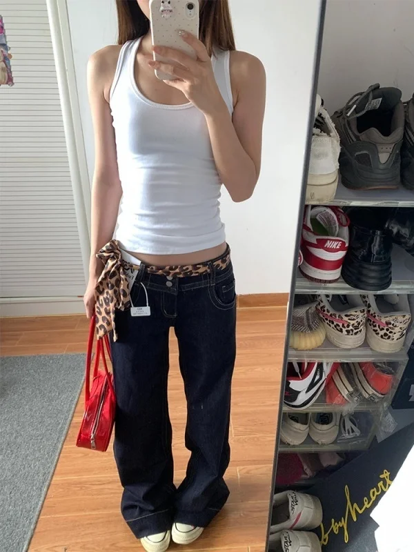 American Style High Waist Loose Straight Leg Jeans Women's Autumn New Washed Blue Deconstructed Feeling Slimming Pants