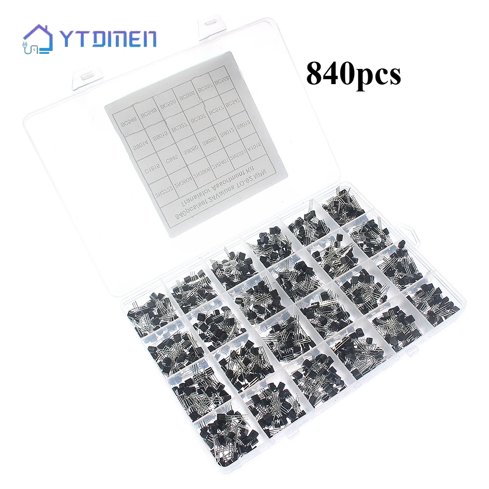 24 Values TO-92 840pcs Transistors Kit NPN PNP Transistor 2N2222 2N3904 2N5551 BC327 BC337 BC547 BC549 BC558 A1015 C1815 S8050