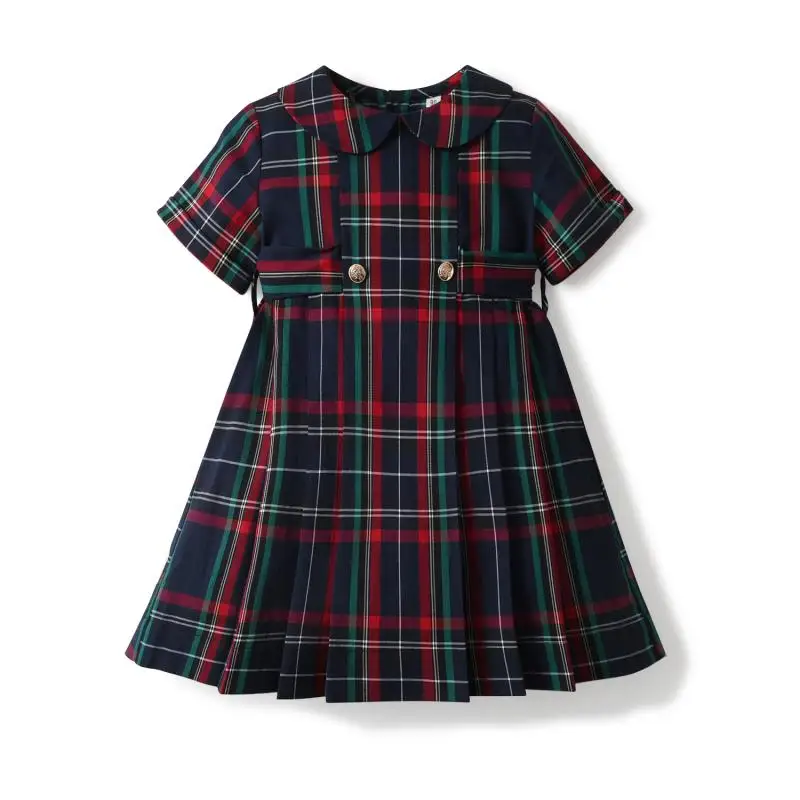 

Girls Christmas New Year Dress Summer Short Sleeve Red Green Plaid Peter Pan Collar Sashes Design With Button Kids Dresses